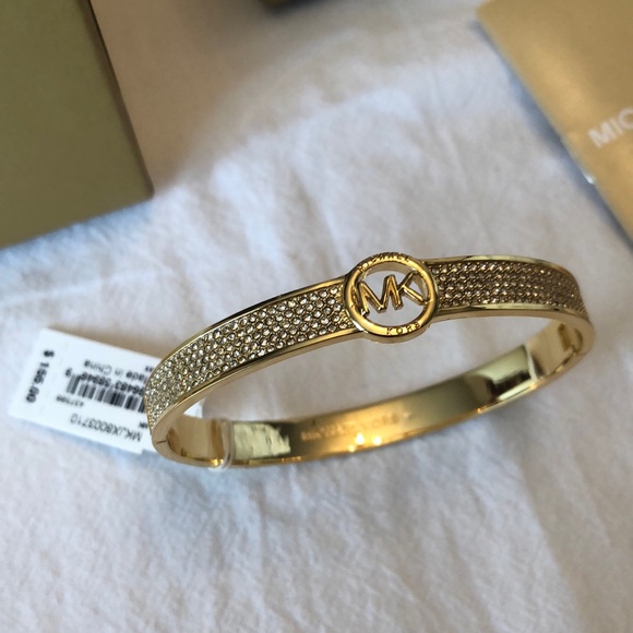 Michael Kors Polished Gold Plated Brass & Pave Crystals Logo Bangle NWT & Box - Picture 5 of 16